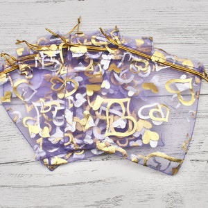 9cm x 12cm Purple Heart Organza Bags, Purple with Gold and Silver Hearts, Jewellery Bags, Packaging, Organza, Pull String Bags, Bags