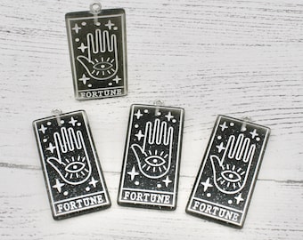 2 x amuletos de cartas del tarot de la fortuna con brillo en blanco y negro, fabricación de joyas, suministros de artesanía, amuletos colgantes, hallazgos de joyería, colgante
