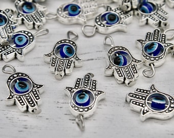 5 x Hamsa Hand Blau Evil Eye Bead Charms, rollbare Evil Eye Charms, Schmuckherstellung, Bastelbedarf, Metall Charms, Schmuckzubehör
