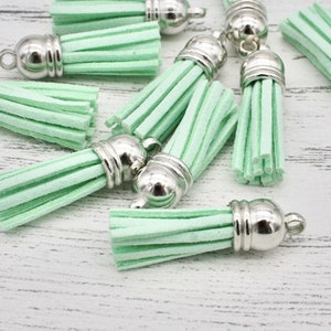 10 x Mint Green Leather Tassels, Faux Leather Tassels, Key ring tassels, Keychain tassel, Green Tassels, Silver Cap Tassels, Bag Tassels