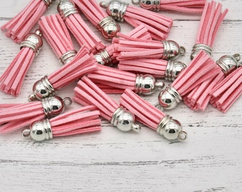 5 x Pink Leather Tassels, Faux Leather Tassels for craft, Key ring tassels, Keychain tassels, Craft Supplies, Pink Tassels with Silver Cap