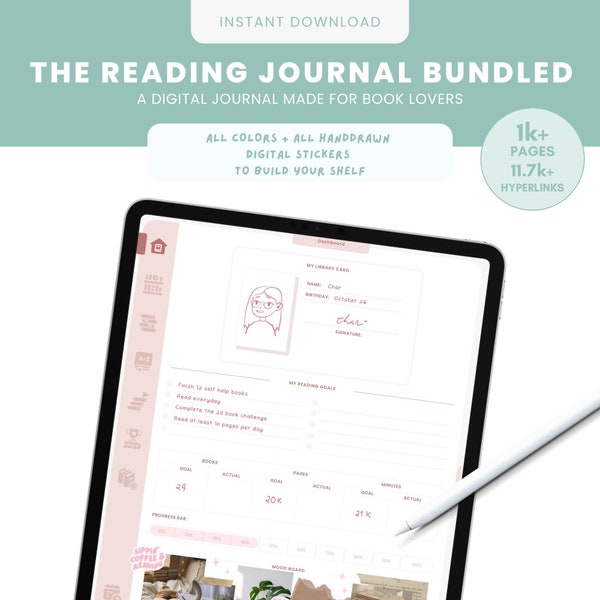 The Reading Digital Journal von Nikki B gebündelt | Holen Sie sich alle Farben und alle digitalen Aufkleber, um Ihr digitales Regal zu bauen | GoodNotes-Kollektionen