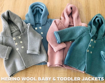 Merino Wool Baby Kids Hoodie Jackets / Winter Baby Kids Outfit Clothes / Boy Girl Hand Knitted Cardigan / Kids Toddler Hooded Sweater