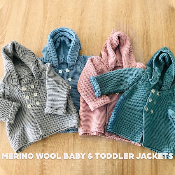 Merino Wool Baby Kids Hoodie Jackets / Winter Baby Kids Outfit Clothes / Boy Girl Hand Knitted Cardigan / Kids Toddler Hooded Sweater