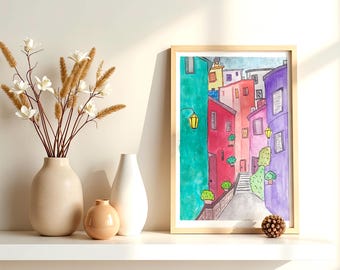 Originelles und verspieltes europäisches Aquarellgemälde: Französische Sommerstraßen (A4-Format)