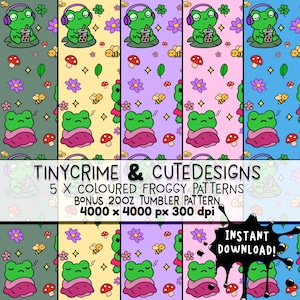 May include: A digital art print featuring five colorful patterns with a frog theme. Each pattern showcases a green frog wearing headphones and holding a drink, surrounded by flowers, bees, and mushrooms. The text "TINYCRIME & CUTEDESIGNS" is visible.
