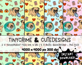 Mops nahtlose Muster | Niedliche Hunderasse PNG | Digitaler Download für Stoff, Kunsthandwerk, Sublimation und Geschenke