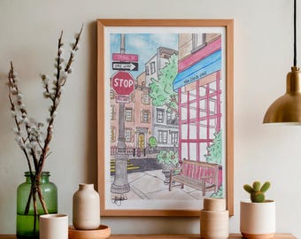 Originales Aquarellgemälde: Szene aus Greenwich Village, Grover Street, New York City, A4-Format