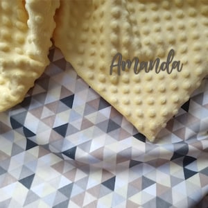Baby Blanket BROWN TRIANGLE / Cotton Minky Fleece Blanket / Custom Embroidery / Personalized Name on Nursery Decor / Baby Shower Gift