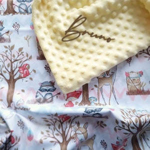 Cobertor de bebê boho animais/cobertor de lã minky de algodão/bordado personalizado/nome personalizado na decoração do berçário/presente de chá de bebê