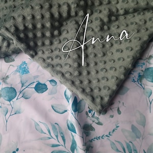 Baby Blanket BLUE EUCALIPTUS / Cotton Minky Fleece Blanket / Custom Embroidery / Personalized Name on Nursery Decor / Baby Shower Gift