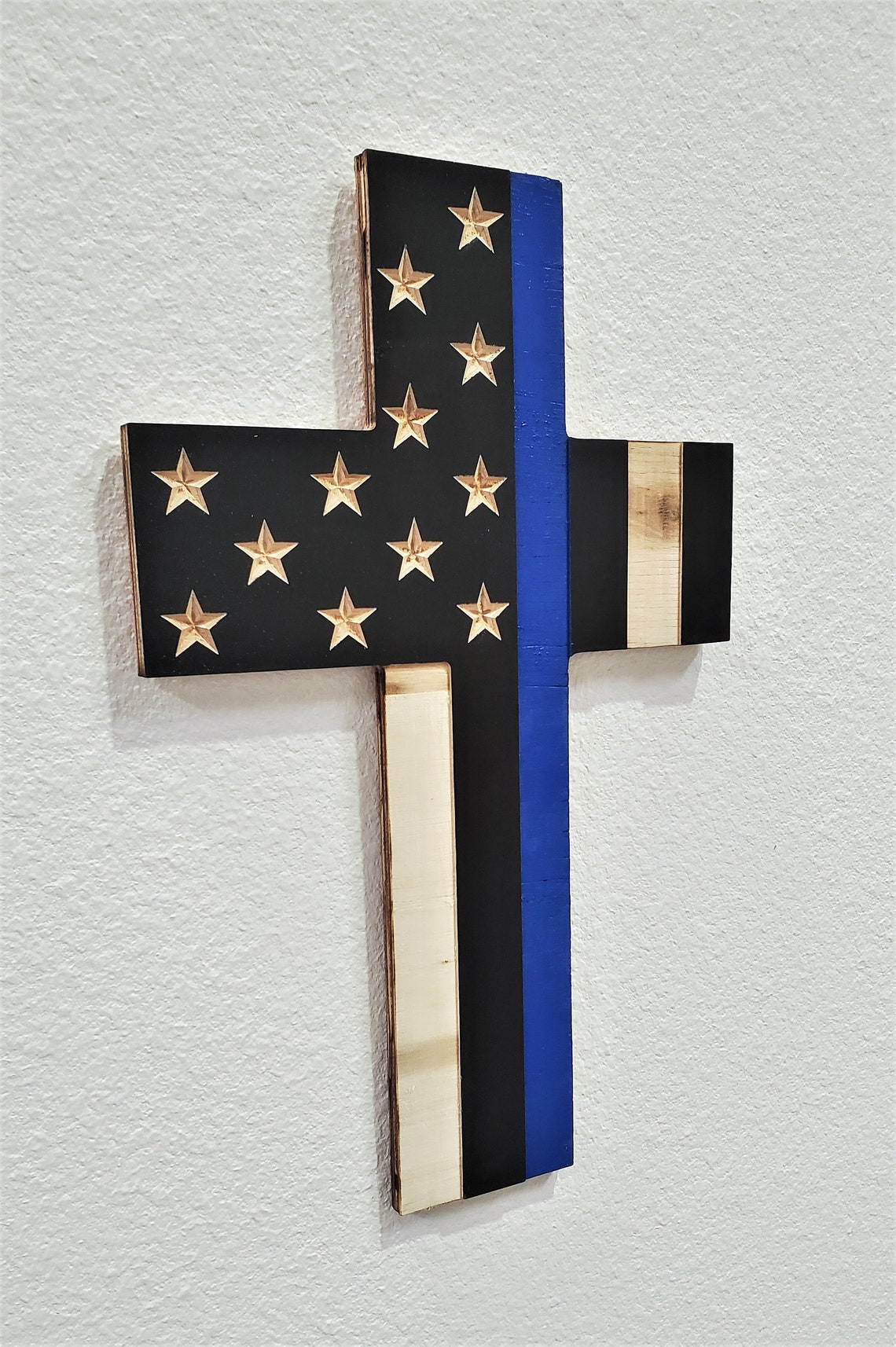 Thin Blue Line Wooden Cross American Flag Police Officer Etsy