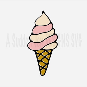 Può includere: Un'illustrazione disegnata a mano di un cono gelato rosa e bianco con un cono a cialde.
