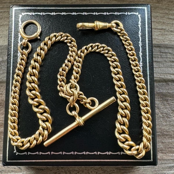 Antique Victorian 18ct Gold Double Albert Chain with Dog clip, Bolt Ring & T-bar Drop