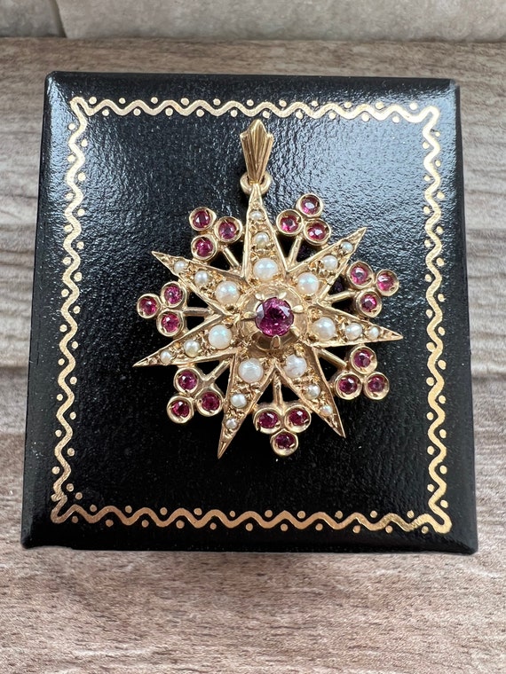 Vintage 9ct Gold Ruby & Seed Pearl Pendant - image 4