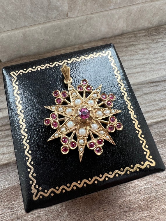 Vintage 9ct Gold Ruby & Seed Pearl Pendant - image 6