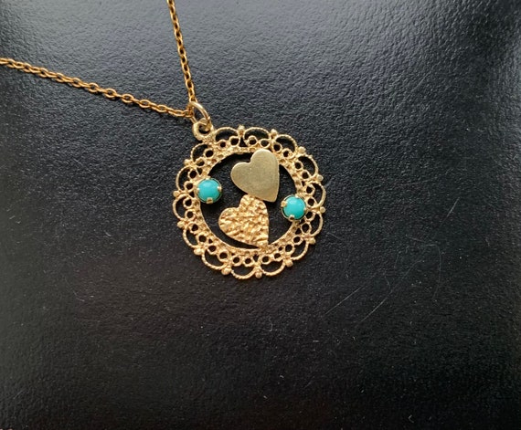Unusual 14ct Gold Vintage Turquoise Double Heart … - image 1