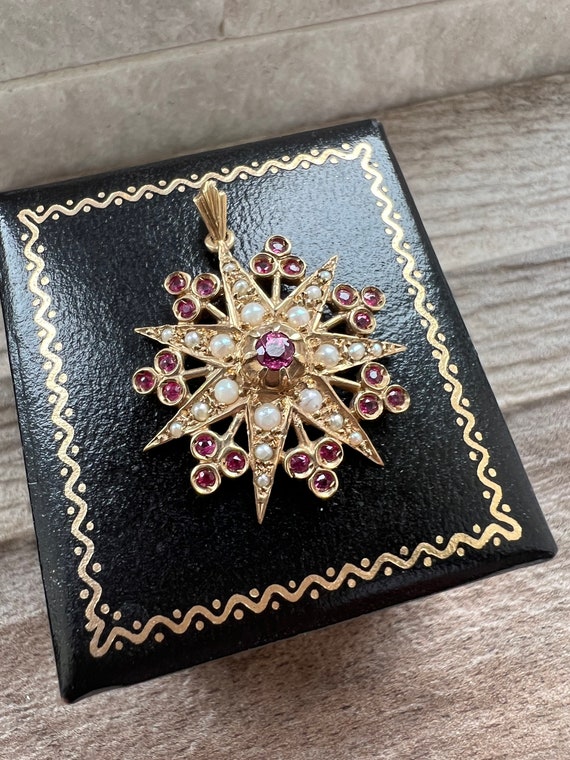 Vintage 9ct Gold Ruby & Seed Pearl Pendant - image 3