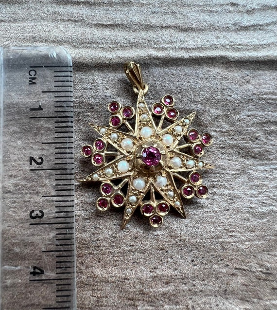 Vintage 9ct Gold Ruby & Seed Pearl Pendant - image 7