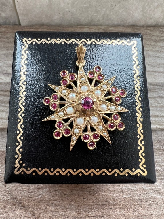 Vintage 9ct Gold Ruby & Seed Pearl Pendant - image 2
