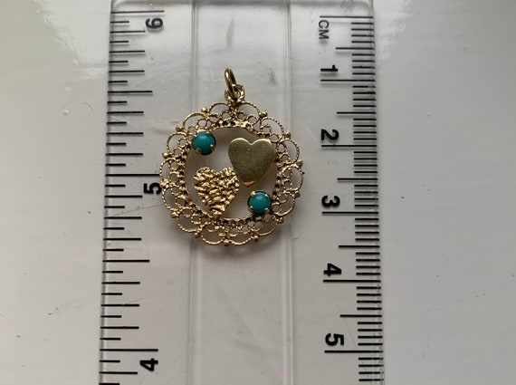 Unusual 14ct Gold Vintage Turquoise Double Heart … - image 3