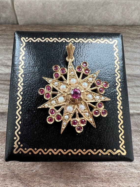 Vintage 9ct Gold Ruby & Seed Pearl Pendant - image 1