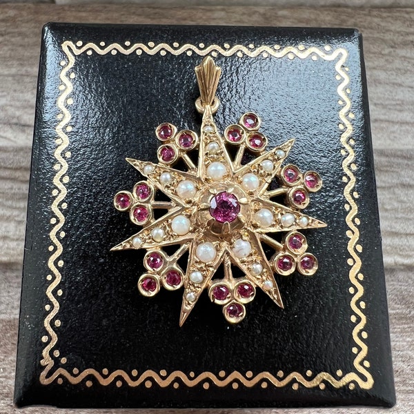Vintage 9ct Gold Ruby & Seed Pearl Pendant