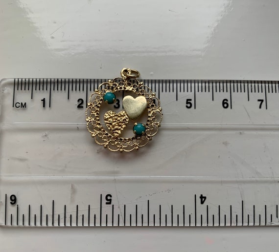 Unusual 14ct Gold Vintage Turquoise Double Heart … - image 4