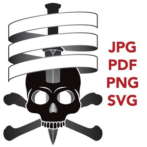 May include: A black and white graphic illustration of a human skull with a sword piercing through the top and bottom, positioned over crossed bones. A white ribbon wraps around the sword blade. The text JPG, PDF, PNG, and SVG appears in red.