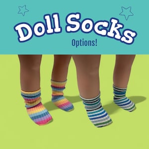 May include: Doll socks options! The image shows four doll legs wearing colorful striped socks. The socks feature rainbow stripes and blue, green, and white stripes. The background is a bright green.