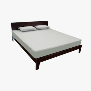 May include: A wooden bed frame with a light gray mattress and two white pillows. The bed frame has a dark brown finish.