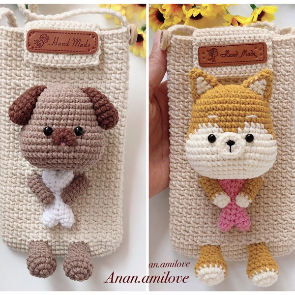2 in 1 PATTERN: crochet dog phone pouch/ crochet cell phone bag/ crochet mini purse/ mobile phone case/ crochet shiba