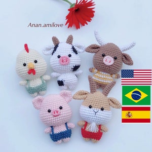 PATTERNS: crochet farm animals for  keychain, baby crib mobile, car pendant hanging in English (US terms) Español Português