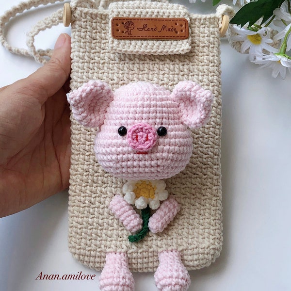 PATTERN crochet pig phone pouch/ cute bag/ crochet cell phone bag/ crochet mini purse/ crochet mobile phone pouch