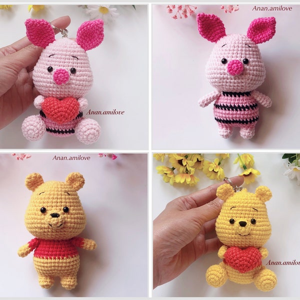 MOTIF : Winnie l'ourson au crochet pour un porte-clés/un porte-clés, un mobile pour lit de bébé ou un pendentif de voiture à suspendre, une décoration à suspendre dans un rétroviseur