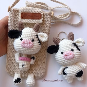 PATRONES 2 en 1: vaca en crochet para bolso/ bolso para celular en crochet PDF/ bolso para celular en crochet/ llavero de vaca en crochet