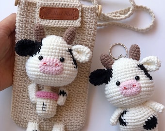 2 in 1 PATTERNS: crochet cow for pouch/ crochet phone bag PDF/ crochet phone purse/ crochet cow keychain