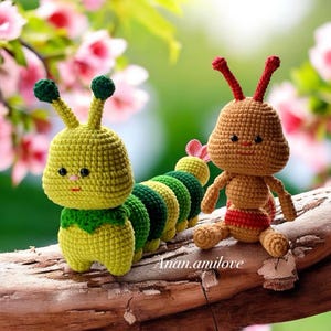 May include: Two crocheted stuffed toys, a green caterpillar and a brown ant, are sitting on a wooden branch. The caterpillar has a green head and a green and yellow body. The ant has a red head and a red and brown body.