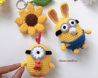 Pattern for Easter: crochet chicken and bunny for keychain/keyring, baby crib mobile, or car pendant hanging, rear view mirror hanging decor