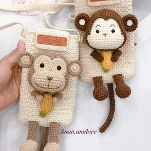PATRONES 2 en 1: funda para teléfono tejida a crochet/bolso con forma de mono tejida a crochet/bolso para teléfono celular tejida a crochet/cartera tejida a crochet para el teléfono/bolso de hombro tejida a crochet