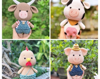 combo 4 PATTERNS amigurumi : animal doll - buffalo, cow, chicken and pig