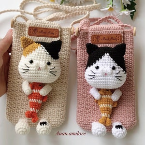 Motif : pochette pour téléphone au crochet/ pochette chat pour téléphone portable/ pochette pour téléphone au crochet/ sac à main pour téléphone portable au crochet/ mini sac à main au crochet