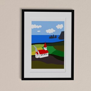 Illustrazione del paesaggio islandese di Vik, poster, stampa artistica