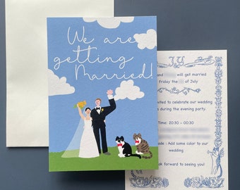 Gepersonaliseerde illustratie bruiloft uitnodiging/paar en huisdier illustratie/speciale kleurrijke bruiloft uitnodiging/alleen digitaal