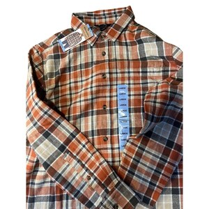 Mens Large Plaid Button-Up Shirt By Roundtree & Yorke 100% Cotton Brown/Orange/Beige