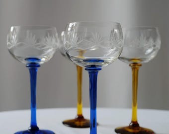 Vintage French Wine Glasses - Etched Crystal with Colored Stems, Set of 4 Mother's Day Gift @ Medowski Paris