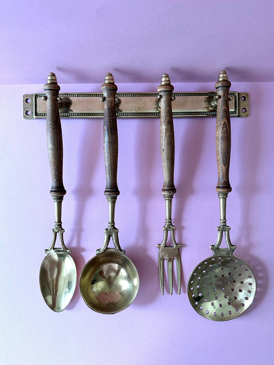 Vintage Brass Utensils Set. Wall Mounted Antique Cooking Utensils With Wooden Handles. Valentine