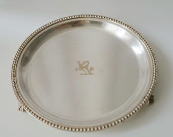 Vintage Metal Decorative Tray With Beaded Rim. Heraldic Motif @ Medowski Paris