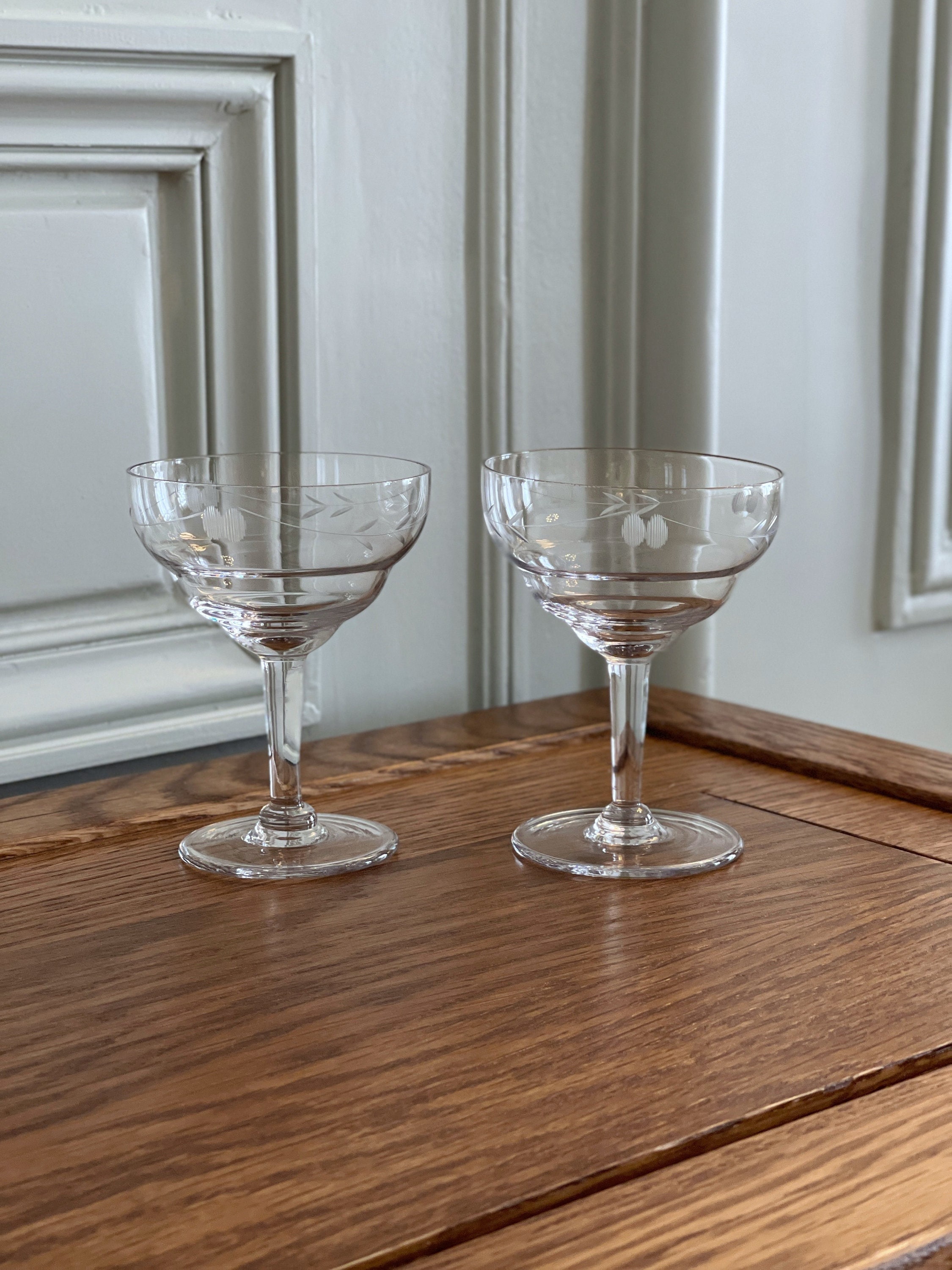 Vintage French Champagne Coupes: Floral Engraved Glassware, Set of 2