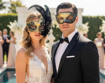 Gold and Black Glitter Couple's Halloween Masquerade Party Mask Set with Feathers | Venetian Eye Masks for Couple | Mardi Gras Wedding Party